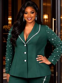 Plus Size Women Dark Green Tailored Blazer Jacket Lapel Collar Long Sleeves Pearl Chain Button Elegant Office Work Wear Fall Winter Coat Wedding Party - Dark Green - View 1