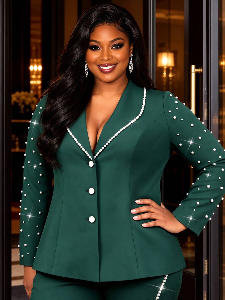 Plus Size Women Dark Green Tailored Blazer Jacket Lapel Collar Long Sleeves Pearl Chain Button Elegant Office Work Wear Fall Winter Coat Wedding Party - Dark Green - View 1
