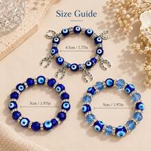 1pc 3 Styles Blue Evil Eye Beaded Stretch Bracelet For Women, Horseshoe Charms & Faceted Beads, Silver Tone Spacers, Boho Stackable Jewelry - Beads - View 2