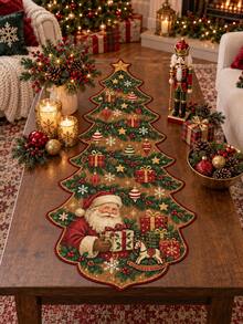1pc-Vintage Christmas Tree Table Runner Holiday Decor, Unique Shaped Linen Table Runner With Santa Claus Gift Box Ornament Design, Rustic Farmhouse Xmas Dining Table Decoration For Kitchen Dining Room Party Home Holiday Decor - Multicolor - View 8