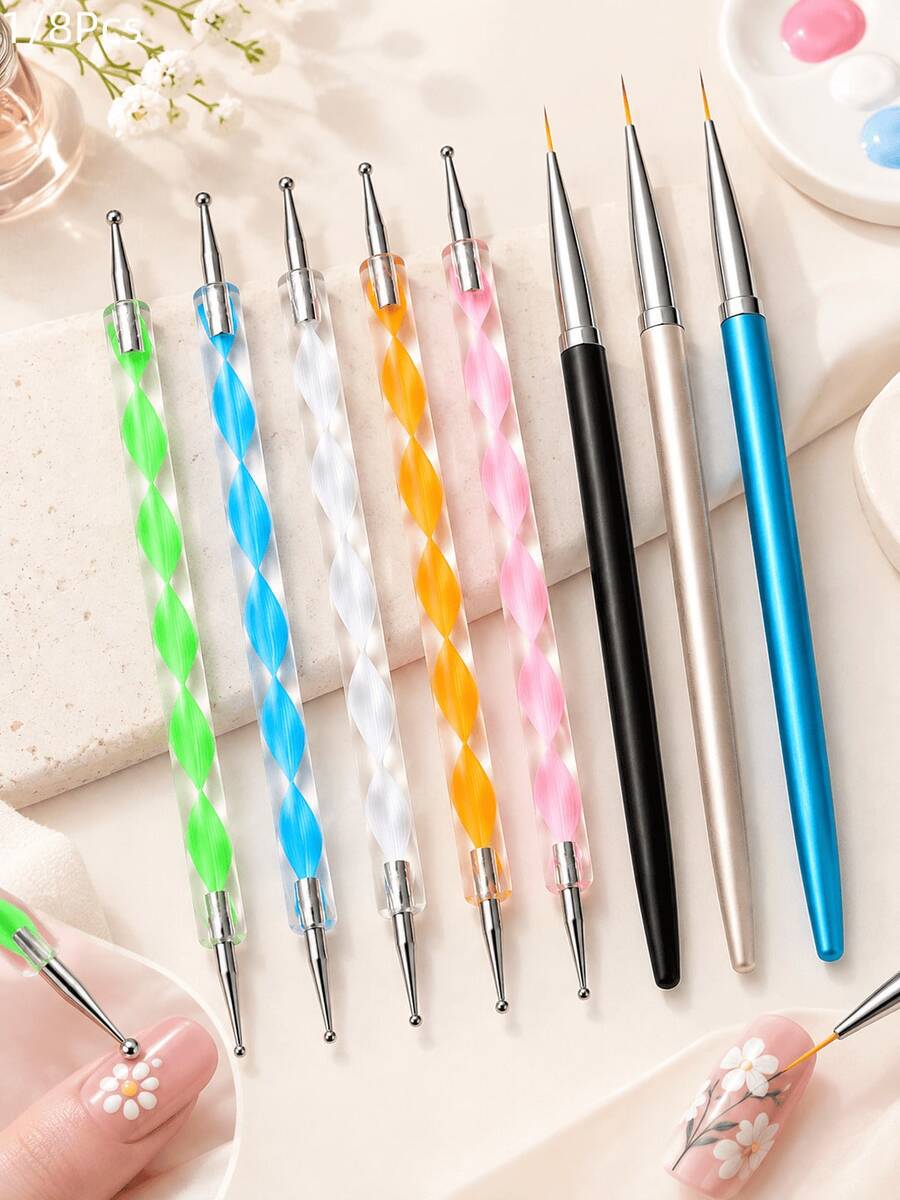 5pcs Dotting Pens With 3pcs Nail Art Painting Brushes Set, Professional Nail Art Styling Tools, DIY Nail Art Kit, Used For Gel Polish Decoration, Suitable For Hands And Feet Nail Art, Nail Salon, Self-Nail Art, Nail Design Tools, Nail Art Accessories, Dotting Tools, Nail Dotting Pens, Nail Painting Brushes, Nail Art Brush Set, Fine Line Pens, Nail Painting Brushes, Nail Liner Pens, DIY Nail Art Styles, Home Nail Art, Salon Quality, Beginner Friendly, Nail Art Supplies, Creative Nail Art Design, Gel Nail Art Tools. 1/8Pcs