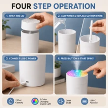 Mini USB Car Humidifier With 7 Color Crystal Night Light - Black + Top Volcanic Stone Design - View 6
