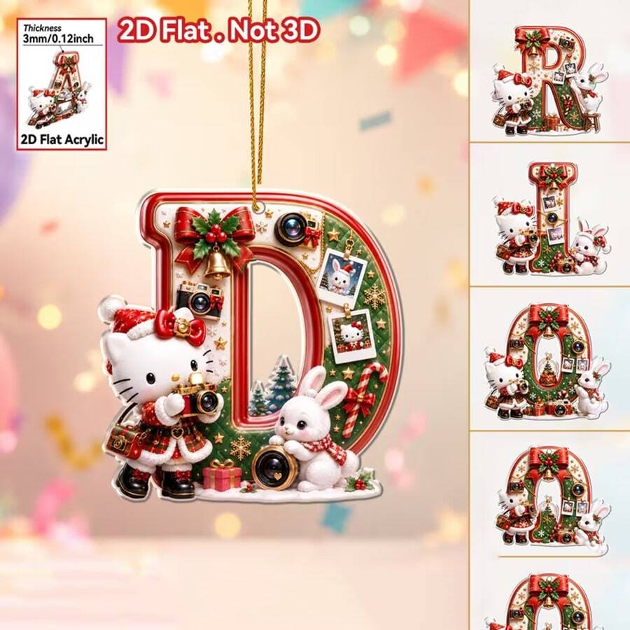 Panini Hello Kitty & Rabbit 26 Letters 2D Flat Acrylic Christmas Hanging Decor, Personalized Letter Ornament, Christmas Tree Pendant, Holiday Home Party Car Interior Decoration Gift - Multicolor - View 1