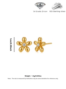 S925 Sterling Silver 5-Petal Flower Zirconia Stud Earrings, 18K Gold Plated, Fresh Floral Earrings For Women, Daily Commute Versatile Jewelry - Gold - View 3