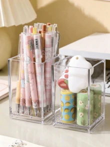 6/3/1pc Transparent Acrylic Pen Holder, Minimalist High-Value Office Desk Student Multi-Function Storage Box, Suitable For Storing Various Small Accessories, Student Stationery Pencil Case, Back To School Season Must-Have - Transparent - View 1