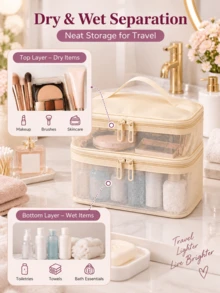Double Layer Mesh Makeup Bag With Handle, Portable Travel Cosmetic Storage Box, Large Capacity Zippered Toiletry Organizer, Multiple Colors Available, Suitable For Daily Use And Travel - Multicolor - View 4