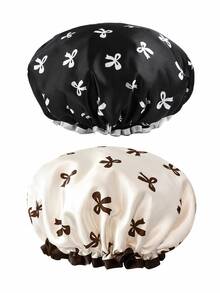 2pcs Double Layer Satin Cute Bow Print Shower Caps, Reusable Waterproof Bath Hair Caps, Suitable For Women And Girls, Elastic Ruffle Design, Soft Silky Hair Cover, Ideal For Shower, Spa, Salon, Hotel And Home Daily Use, Perfect Holiday Gift For Women[1pc] - Multiple Styles - View 19