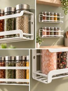 2pcs Wall-Mounted Spice Rack Storage Shelf, White Metal Wire Storage Rack, Space-Saving Spice Bottle Holder, With Drilling And Wall-Mounting Installation Options, Free Drill-Free Hooks Included, Suitable For Kitchen Pantry Cabinet, Home Cooking, Kitchen Organization And Storage - Multiple Styles - View 6