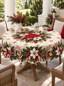 Christmas Print Tablecloth, Red And White Poinsettia, Candy Cane, Pine Branch, Pine Cone And Snowflake Pattern, Cream White Vintage Holiday Dining Tablecloth, Suitable For Christmas Dinner, Kitchen, Dining Room, Family Gathering And Winter Home Decor - Multicolor - View 7