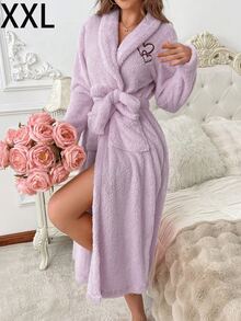 1pc Women's Plush Heart Embroidered Robe, Soft & Comfortable Autumn/Winter Loungewear, Cream Fluffy Bathrobe, Women's Fluffy Fleece Long Robe - Heart Purple - View 17