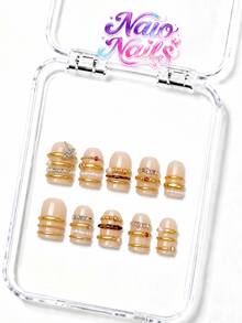 NAIO 10pcs/Set Y2K Handmade Press-On Nails, Nude Transparent Base, Hand-Painted Tortoiseshell Print Gold Metallic Line Star Rhinestone Pearl Decor, Minimalist Luxury Daily Style, Suitable For Party And Daily Wear, 3 Sizes Coffin/Almond/Short Square, Fake Nails - Multicolor - View 2