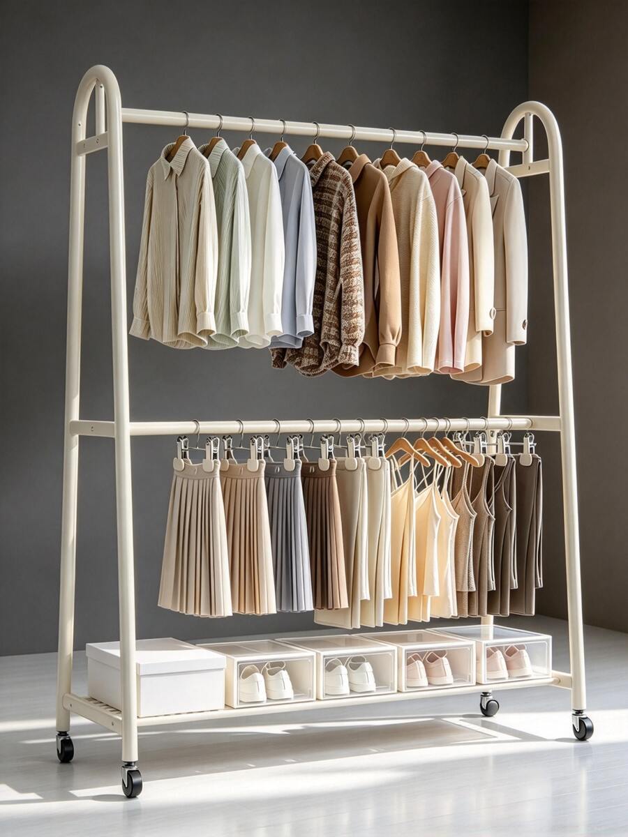 Double Rod Clothes Rack With Wheels, Large-Capacity Freestanding Garment Rack,Space Saving Heavy Duty Metal Clothing Rail, Bottom Storage Shelf, Rolling Clothes Hanger Stand For Bedroom, Laundry Room, Apartment, 2 Styles & 2 Colours Available