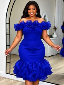 Plus Size Navy Blue Cold Shoulder Ruffle Mermaid Dress, Women's Mesh Patchwork 3D Floral Fashion Slim Fit Evening Gown, Elegant Wedding Party Nightclub Dress - Blue - View 2