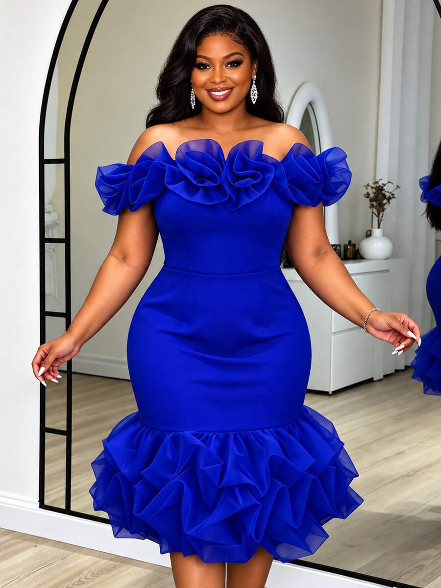 Plus Size Navy Blue Cold Shoulder Ruffle Mermaid Dress, Women's Mesh Patchwork 3D Floral Fashion Slim Fit Evening Gown, Elegant Wedding Party Nightclub Dress