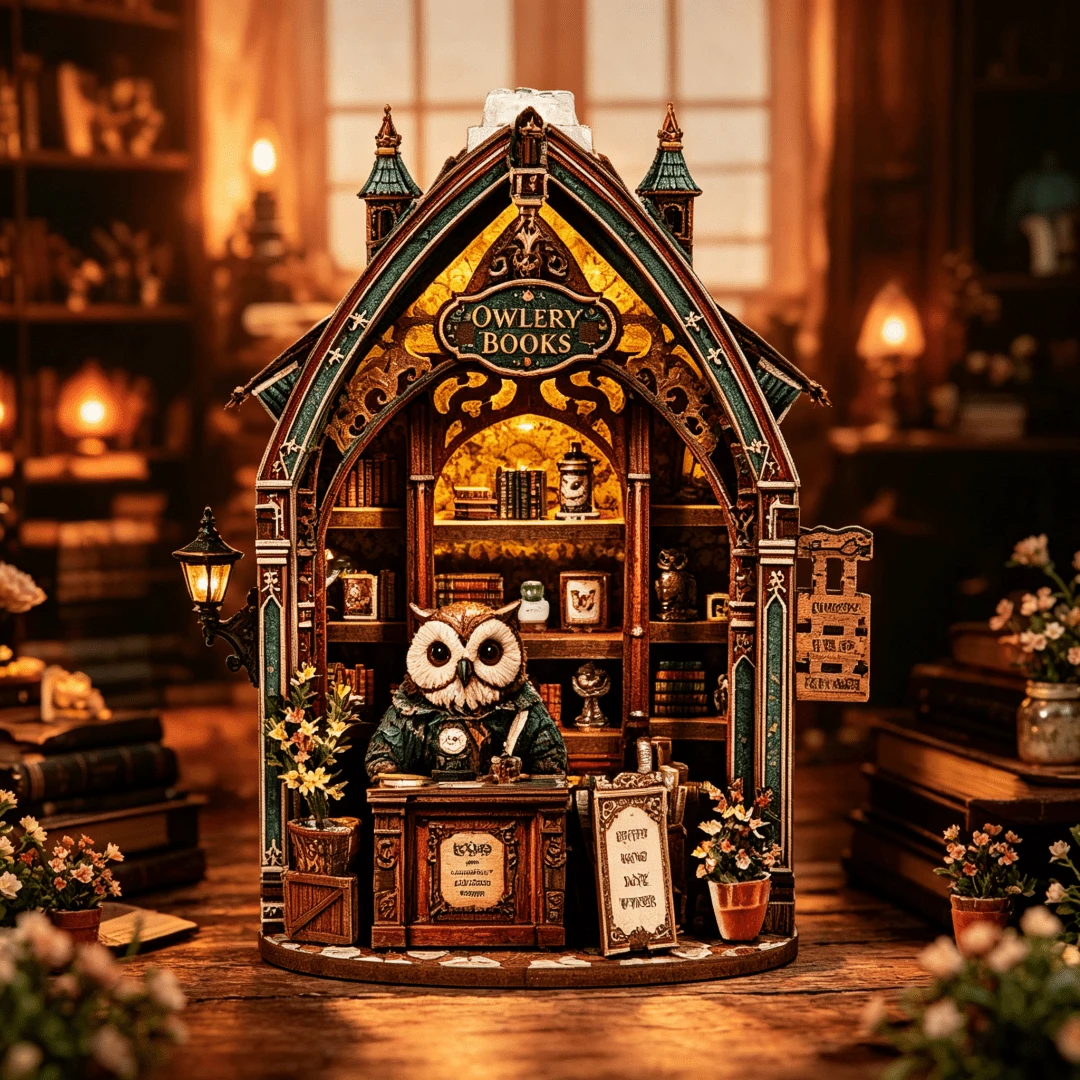 DIY Owl Bookstore Miniature House 3D Stereoscopic Model Kit, Wooden Handmade Assembly Kit For Collection And Home Decor, Creative Handmade Art Piece, Perfect Birthday Gift For Friends And Family, Christmas, Halloween, Valentine's Day, Easter, Back To School, Holiday Gift Surprise, Adult Handmade Gift - Multicolor - View 1