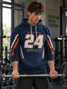 Men's Vintage Racing #24 Distressed Number Print Striped Sleeve Drawstring Hooded Sweatshirt, Casual Sports Street Style Kangaroo Pocket Long Sleeve Pullover - Multicolor - View 1