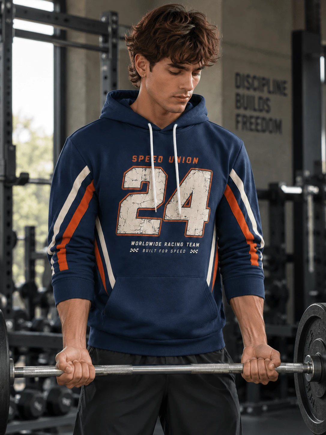 Men's Vintage Racing #24 Distressed Number Print Striped Sleeve Drawstring Hooded Sweatshirt, Casual Sports Street Style Kangaroo Pocket Long Sleeve Pullover - Multicolor - View 1
