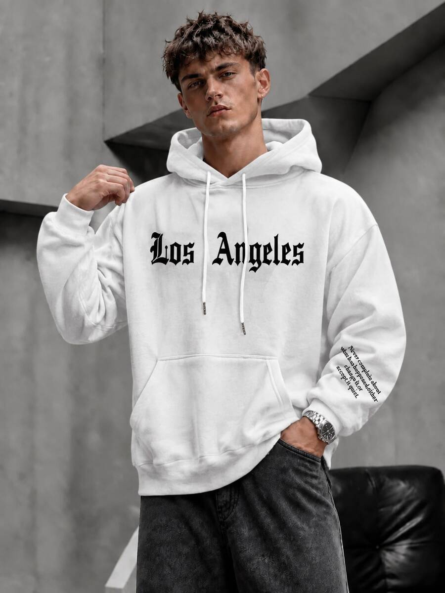 Krometka Men's Brown Los Angeles Letter Pouch Hoodie, New Autumn/Winter