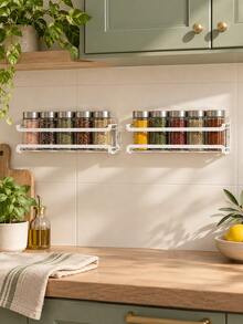 2pcs Wall-Mounted Spice Rack Storage Shelf, White Metal Wire Storage Rack, Space-Saving Spice Bottle Holder, With Drilling And Wall-Mounting Installation Options, Free Drill-Free Hooks Included, Suitable For Kitchen Pantry Cabinet, Home Cooking, Kitchen Organization And Storage - Multiple Styles - View 7