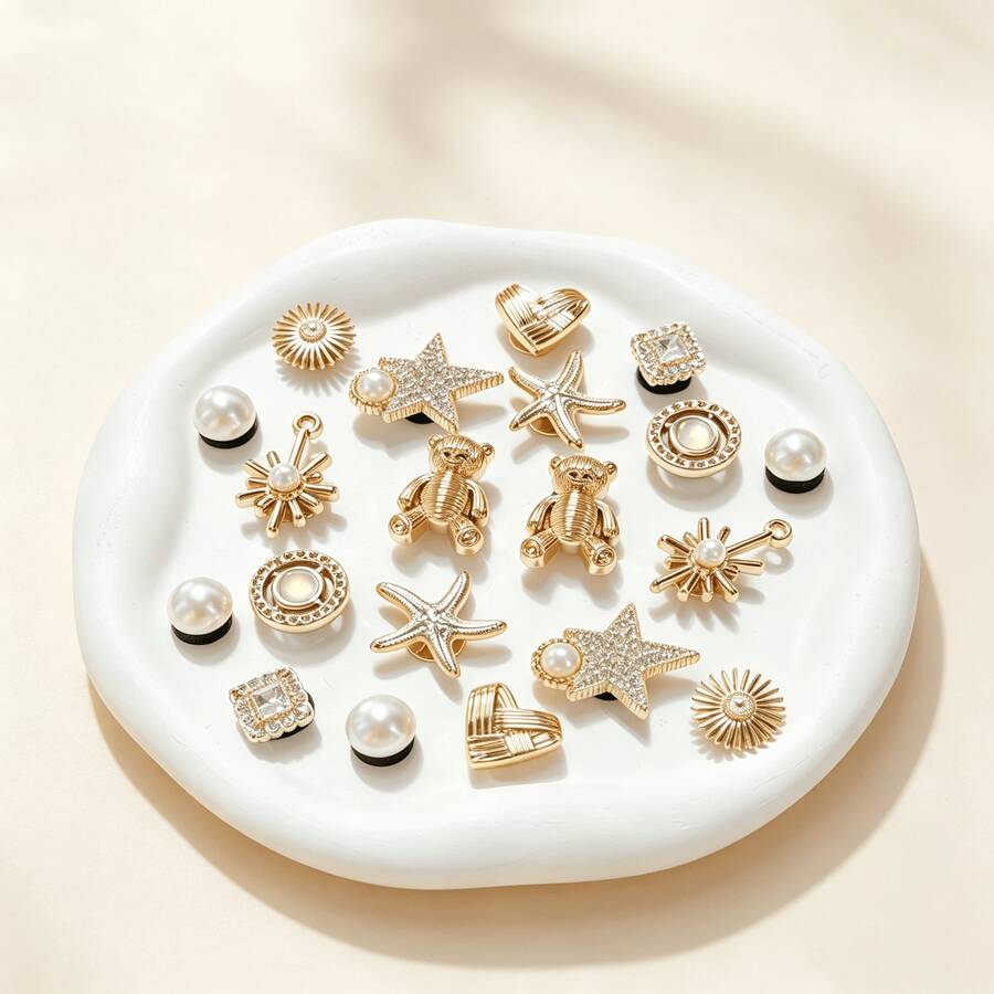 20pcs Gold Ocean Series Shoe Charms Compatible With Perforated Slippers DIY Decoration Accessories, Perfect Birthday Party And Holiday Gift Choice