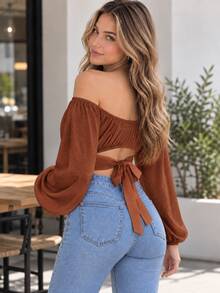 Crop Peasant Blouse With Gathered Chest With Back Tie Ribbon - Coffee Brown - View 4