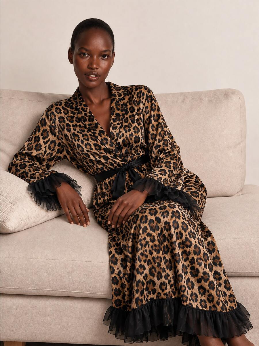 1pc Sexy Leopard Print Long Robe, Mesh Ruffle Cuff & Hem Sleepwear For Women