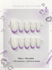 nailrosy Fall Vibe 10Pcs Handmade Press On Nails. Soft Fall Vibe, Premium Lavender-Purple Nails With Glitter Edges, 3D Bows And Smooth Glossy Finish. - Purple - View 3