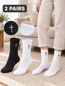 2 Pairs Simple Embroidered Crew Socks For Men Women Ribbed Cuff Breathable Versatile Socks Basic Casual Socks For Home Commute Sports All Seasons - Multicolor - View 2