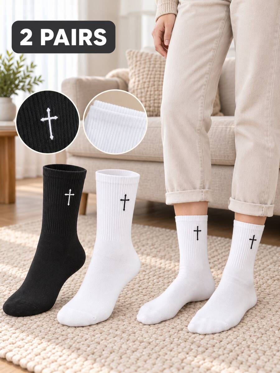 2 Pairs Simple Embroidered Crew Socks For Men Women Ribbed Cuff Breathable Versatile Socks Basic Casual Socks For Home Commute Sports All Seasons - Multicolor - View 1
