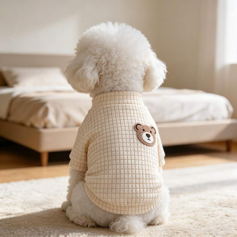 1PC Pet Waffle T-Shirt, Cute Bear Embroidered Back Decoration Pet Plush T-Shirt, Soft Casual Clothing Suitable For Small And Medium-Sized Dogs And Cats - Khaki - View 1