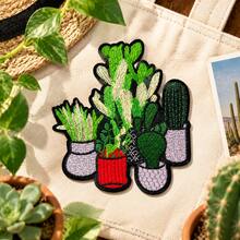 1pc Potted Cactus & Succulent Iron-On Patch, Vintage Green Plant Embroidery Applique, Decorative Patch For Garment, Bag And Hat DIY Craft - Multicolor - View 1
