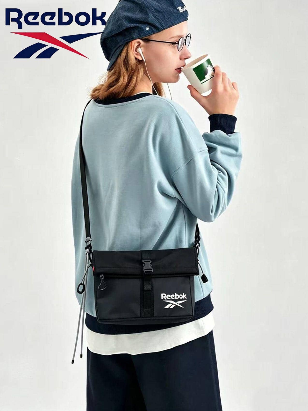 Tas Selempang Tahan Air Reebok Functional Flap, Tas Bahu Kapasitas Besar Warna Blok, Tas Kurir Kasual untuk Komuter dan Aktivitas Luar Ruangan - Hitam - View 1
