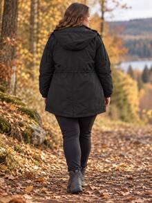 Vinterjacka för kvinnor i plus size, 2 i 1, avtagbar innerjacka med vaddering, huva och dragsko i midjan - Svart - Visa 6