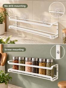 2pcs Wall-Mounted Spice Rack Storage Shelf, White Metal Wire Storage Rack, Space-Saving Spice Bottle Holder, With Drilling And Wall-Mounting Installation Options, Free Drill-Free Hooks Included, Suitable For Kitchen Pantry Cabinet, Home Cooking, Kitchen Organization And Storage - Multiple Styles - View 4