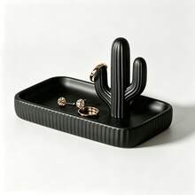 1pc Black & White Cactus Jewelry Storage Rack, Multi-Functional Ring Necklace Earring Display Tray, Minimalist Wabi-Sabi Style Decorative Accessory, Gift For Boys & Girls - Multicolor - View 6