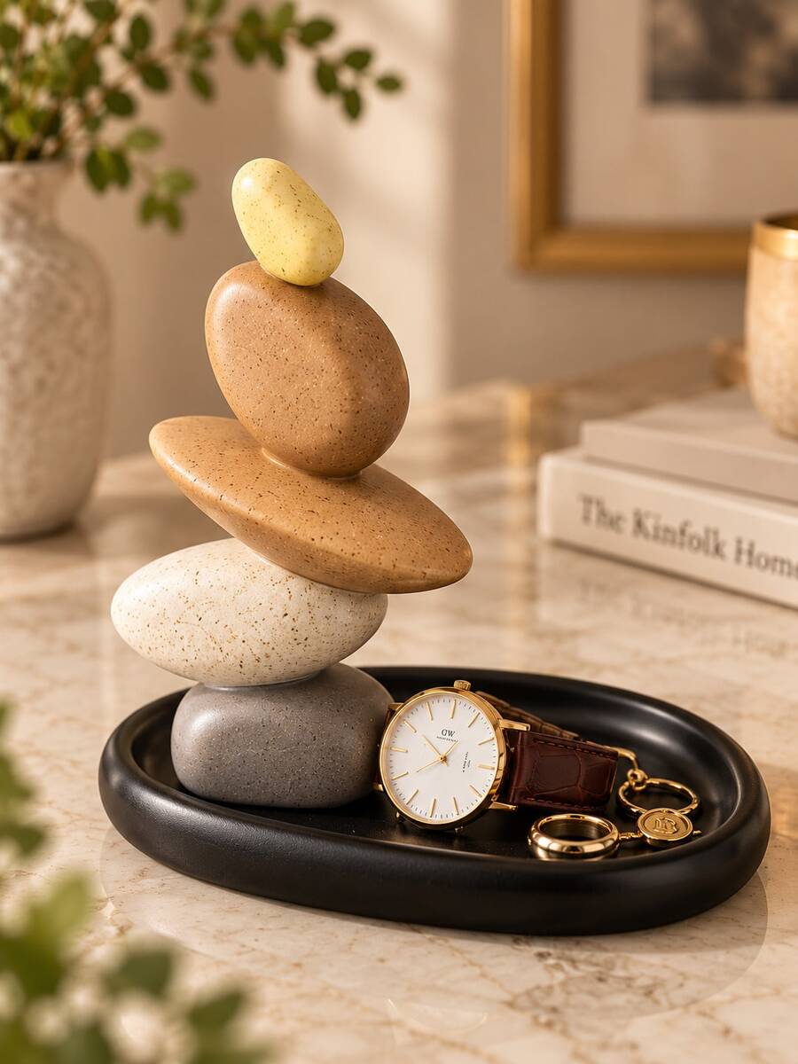 Stacked Stone Balance Sculpture With Black Storage Tray, Modern Abstract Resin Home Decor Ornament, Jewelry Key Watch Organizer For Entryway, Living Room, Bedroom & Office - A - View 1