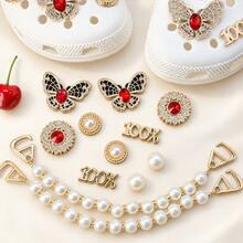 12pcs Gold Red Rhinestone Pearl Clogs Shoe Charms, ABS Butterfly Rhinestone Pearl Chain Shoe Decoration Accessories For Women And Girls DIY - Gold Red Diamond Pearl Style - 12PCS - View 3