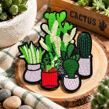 1pc Potted Cactus & Succulent Iron-On Patch, Vintage Green Plant Embroidery Applique, Decorative Patch For Garment, Bag And Hat DIY Craft - Multicolor - View 6