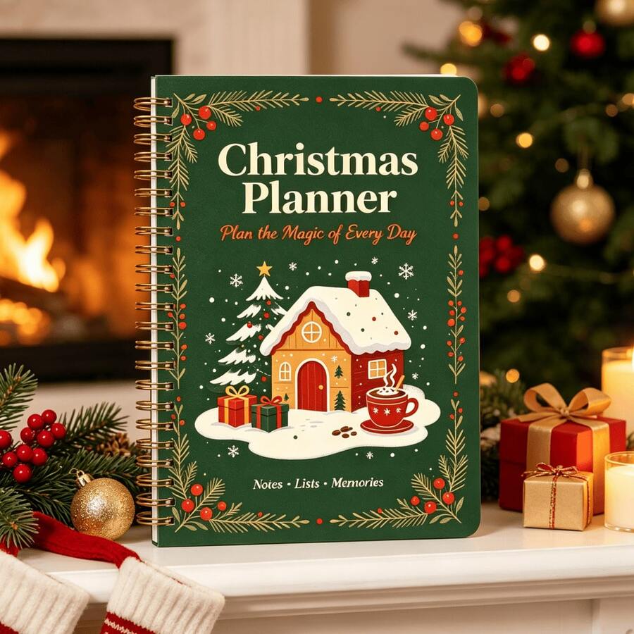 1PC Christmas Planner Spiral Notebook, Festive Winter House Tree Gift Design Wire‑Bound Notepad, Holiday Organizer Journal For Xmas Gift Lists & Memories, Perfect Christmas Holiday Gift, Back To School - A - View 1
