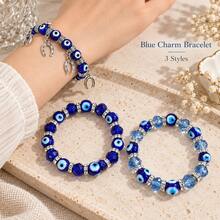 1pc 3 Styles Blue Evil Eye Beaded Stretch Bracelet For Women, Horseshoe Charms & Faceted Beads, Silver Tone Spacers, Boho Stackable Jewelry - Beads - View 3