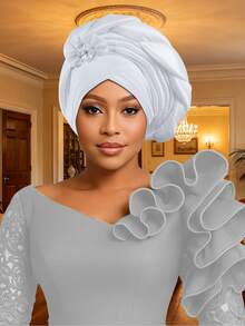 1pc Women's African Auto Gele Turban Hat, Pre-Made Pleated Headtie With Rhinestone Flower Decor, Nigerian Wedding Party Head Wrap Headpiece - A - View 12