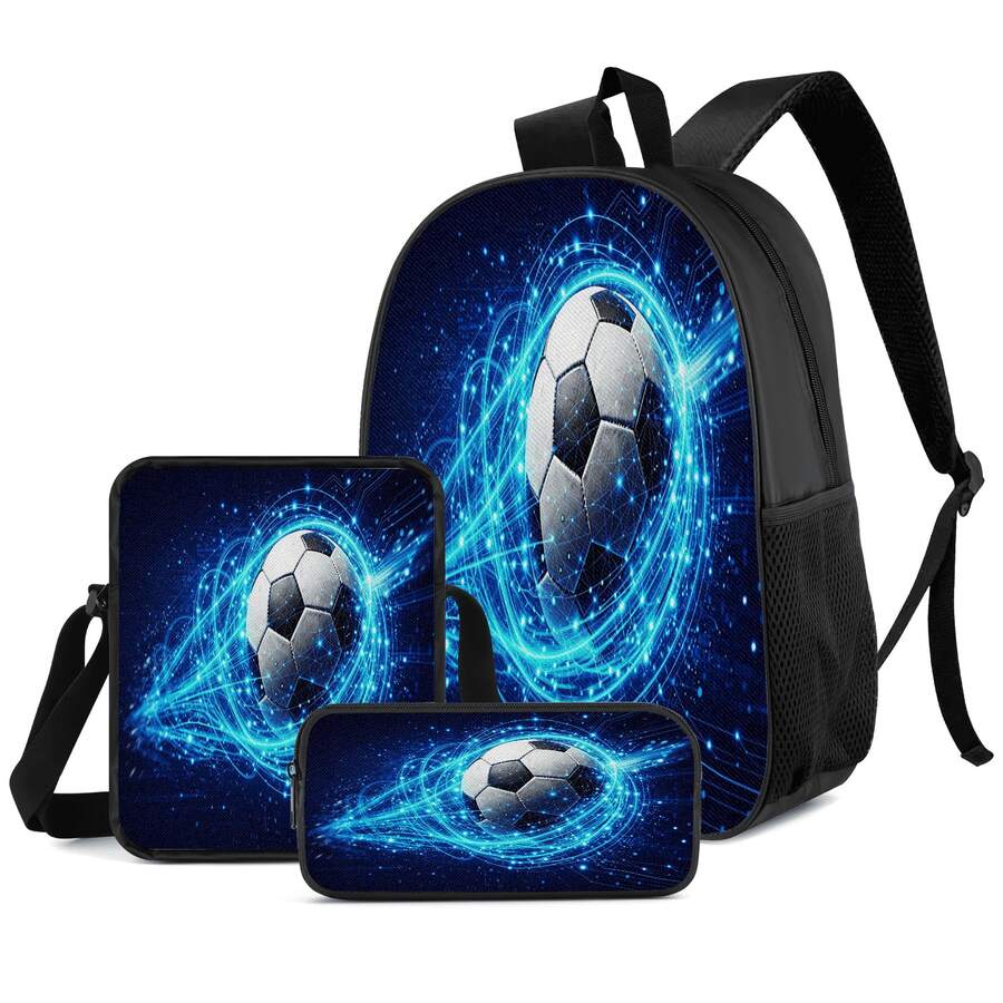 Blue Light Effect Soccer 2D Print 3 Pieces Set, Side Elastic Mesh Pocket Water Bottle Holder, Wide Thick Breathable Adjustable Shoulder Strap, Fashion Sporty Style Commute Travel Picnic Daily Storage Bag - Printed Bag - View 1