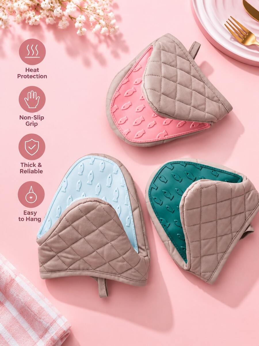 2pcs Heat-Resistant Silicone Trivet Pads With Fabric Cover, Multi-Function Pot Holder, Microwave/Oven Anti-Scald Mat, Frying Pan Handle Holder, Kitchen Countertop Mat - View 1