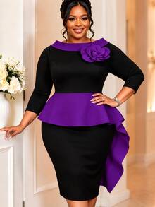 Plus Size Black White Color Block Elegant Bodycon Midi Dress O Neck 3D Flower Peplum Draped Church Work Business Fall Party Formal Occasions - Purple - View 2