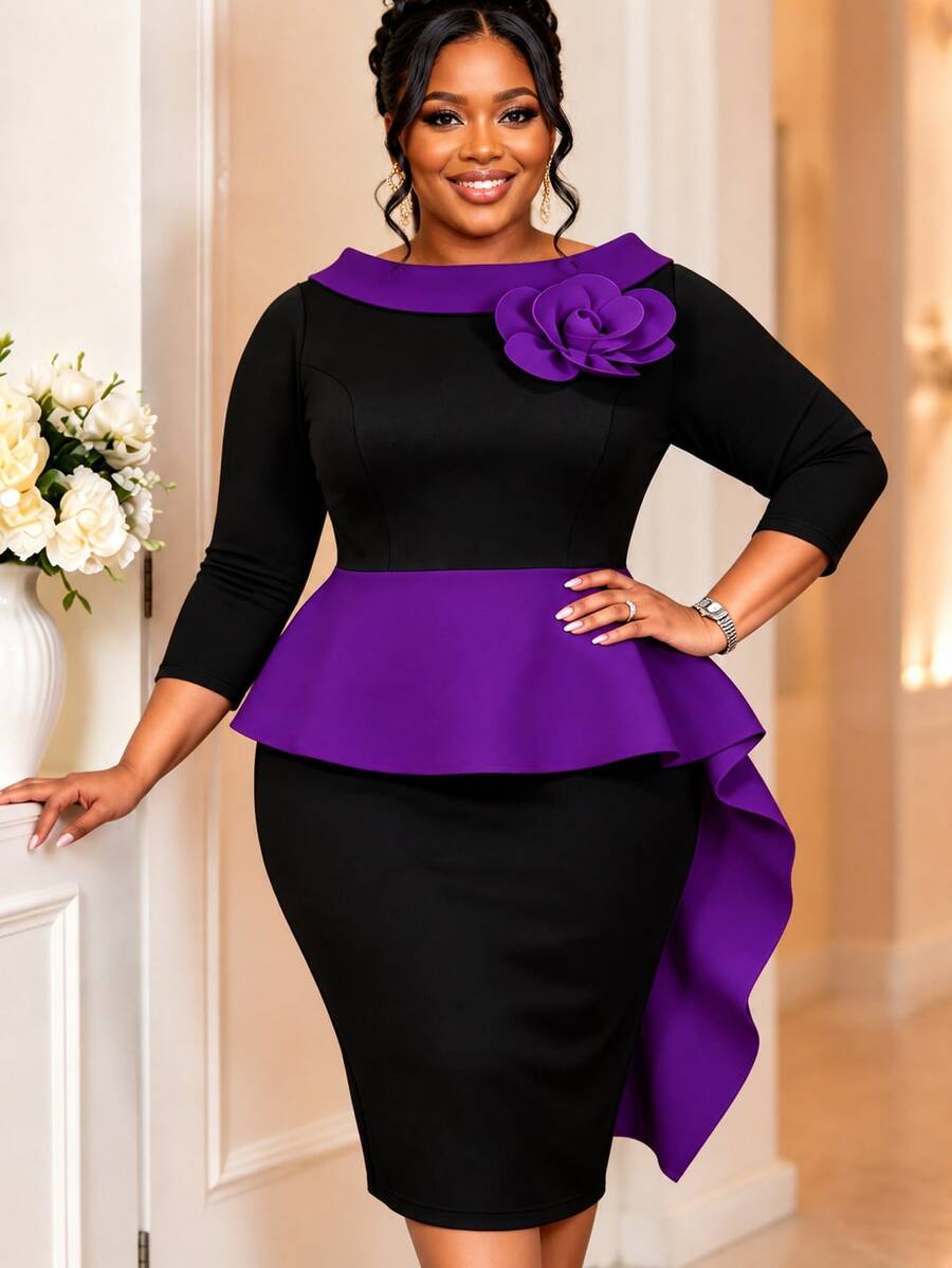 Plus Size Black White Color Block Elegant Bodycon Midi Dress O Neck 3D Flower Peplum Draped Church Work Business Fall Party Formal Occasions