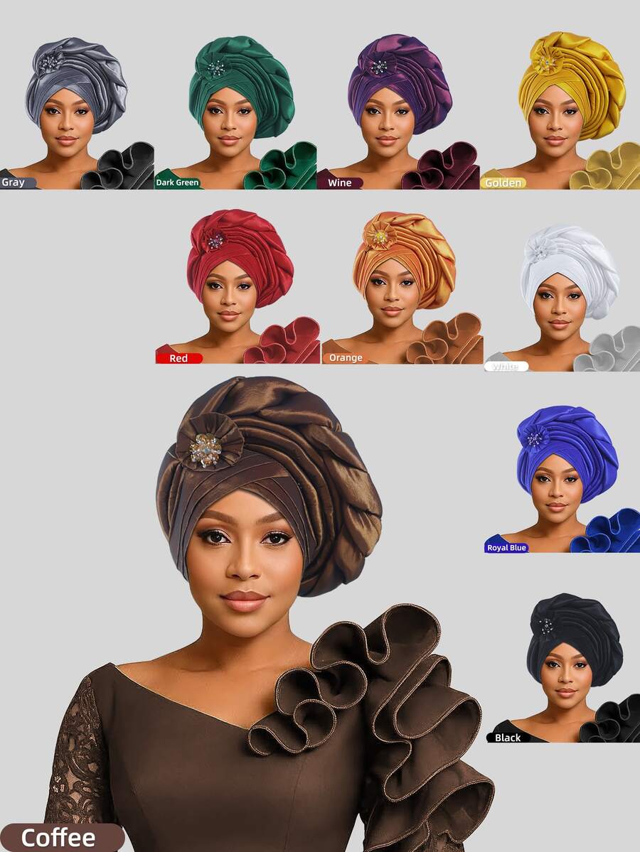 1pc Women's African Auto Gele Turban Hat, Pre-Made Pleated Headtie With Rhinestone Flower Decor, Nigerian Wedding Party Head Wrap Headpiece