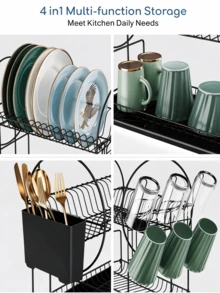 2‑Tier Dish Drying Rack, Countertop Dinnerware Organizer With Cup Hooks & Utensil Caddy, Removable Drip Tray For Plates Bowls Glasses Cutlery, Sink‑Side Storage For Apartment Dorm Compact‑Space Household - Multicolor - View 7