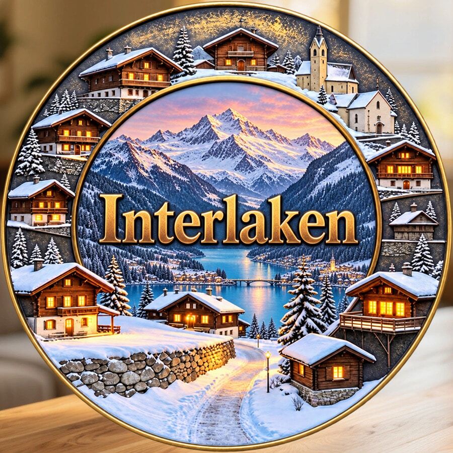 Interlaken Mountain Lake And Snowy Chalets Fridge Magnet, A Cozy Winter Travel Memory For All Metal Surfaces Throughout The Home - A - View 1