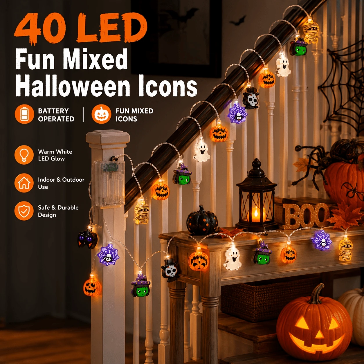 40LED Halloween String Lights Featuring Pumpkin And Ghost Shapes; USB ...