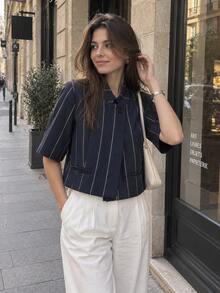Women's Striped Casual Versatile Everyday Jacket Summer - Navy Blue - View 3